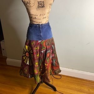 Senegalese mixed print skirt (denim and African waxy print)